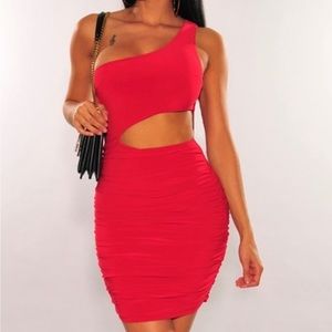 Red Sleeveless One Shoulder Ruched‎ Cut Out Bodycon Mini Dress